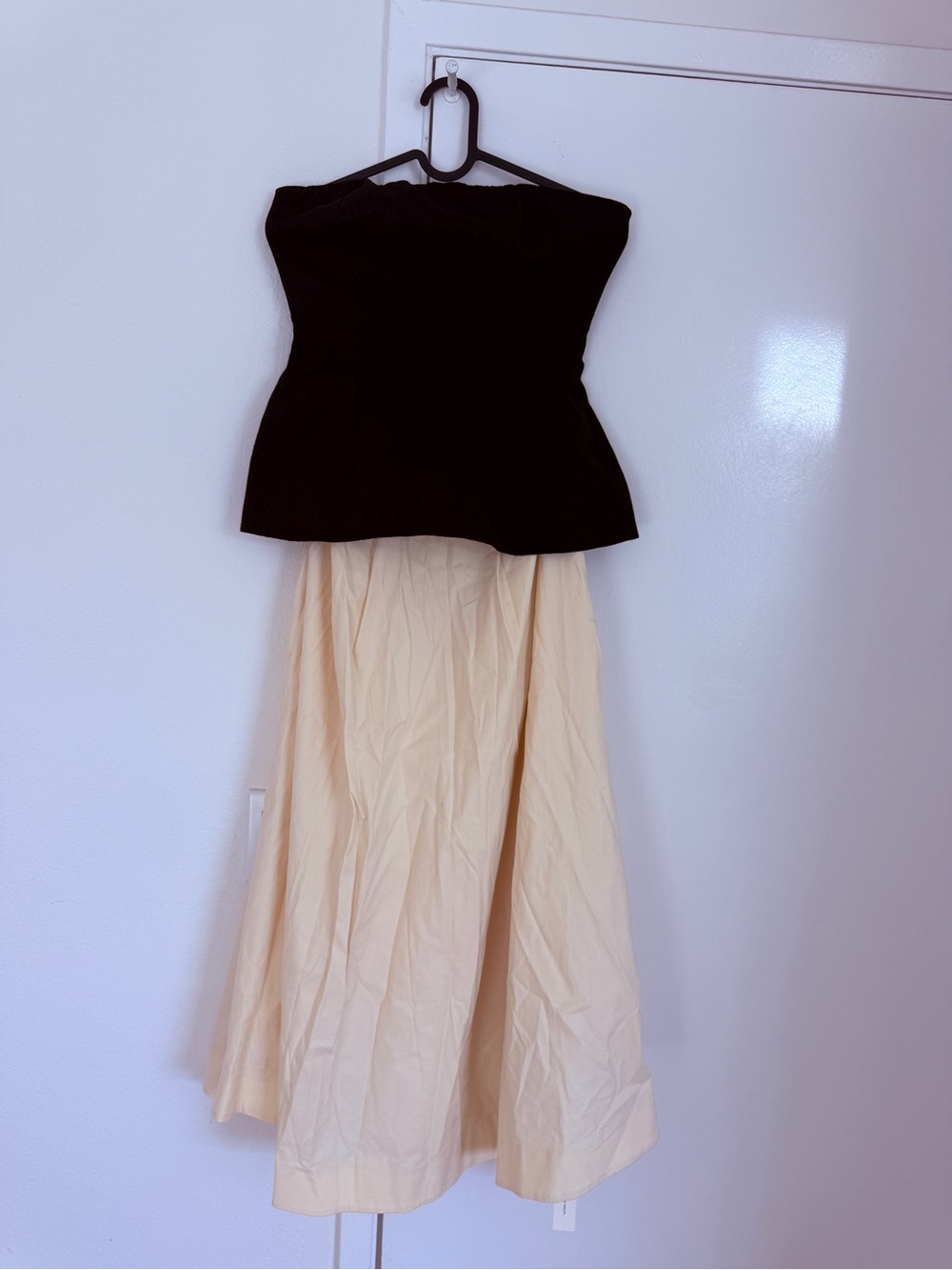 Reformation Strapless Two-Tone Maxi Skirt — Black Top, Cream Skirt